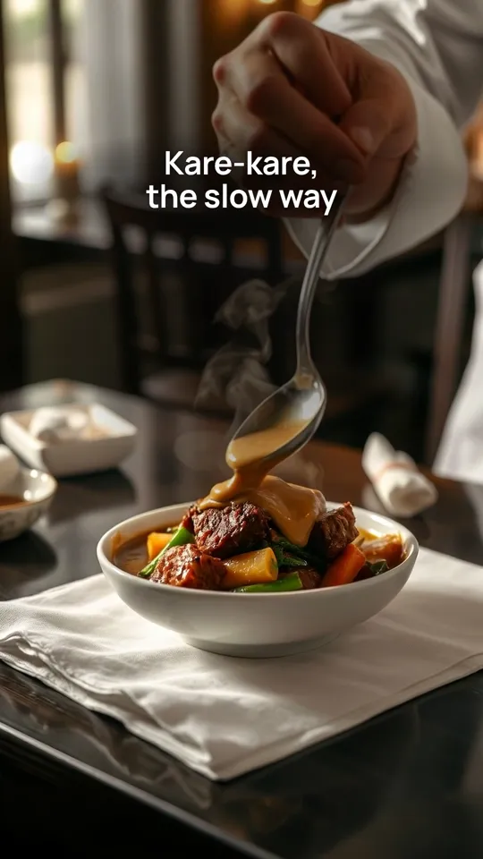 Vertical frame from a private chef clip: kare-kare being served