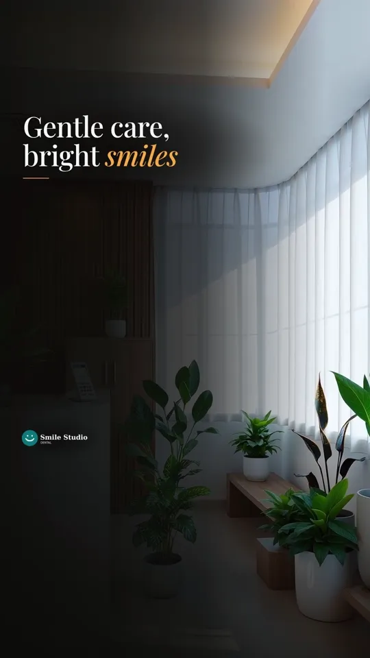 Frame from a dental clinic clip: the headline Gentle care, bright smiles in the brand's serif with the accent word in gold