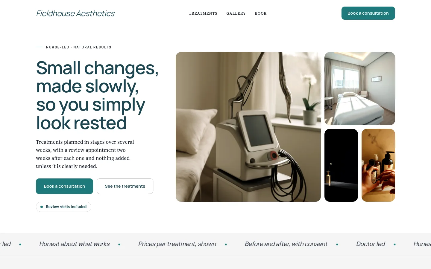 The Fieldhouse Aesthetics website, as a visitor sees it