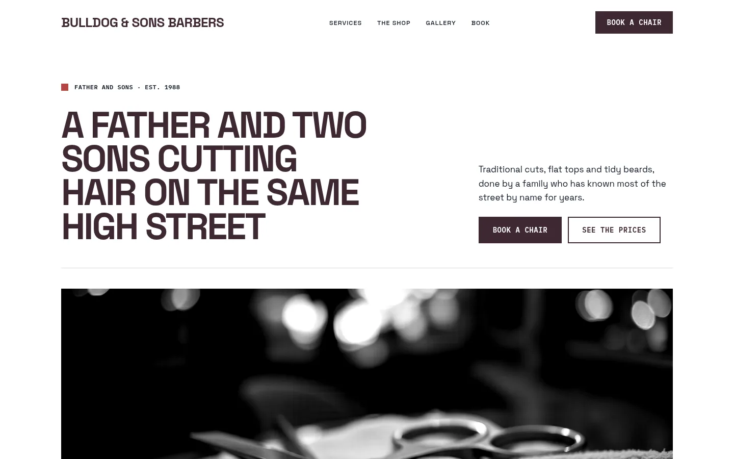 The Bulldog & Sons Barbers website, as a visitor sees it