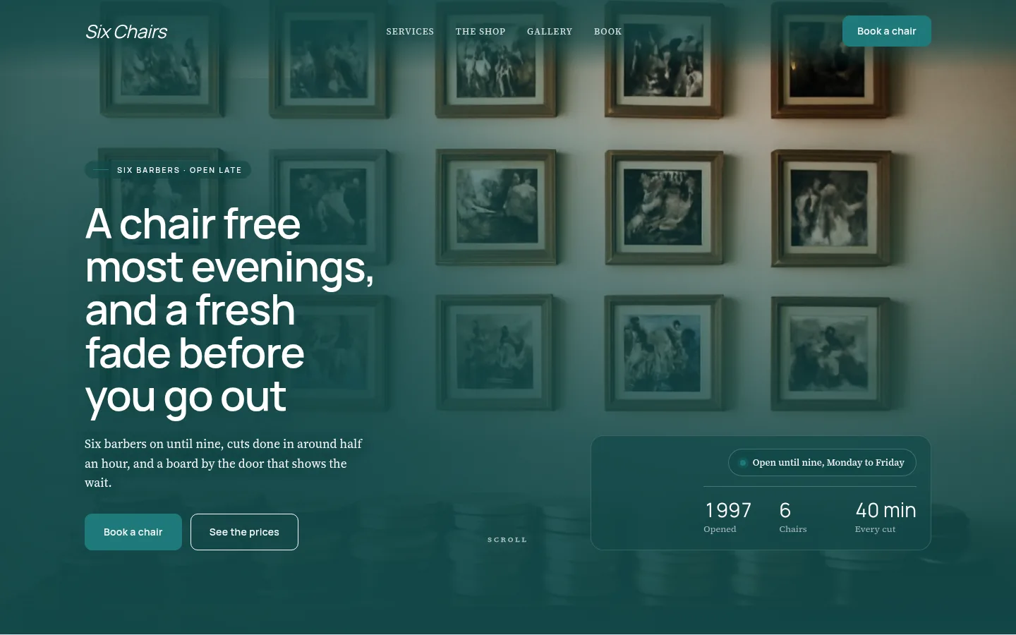 The Six Chairs website, as a visitor sees it