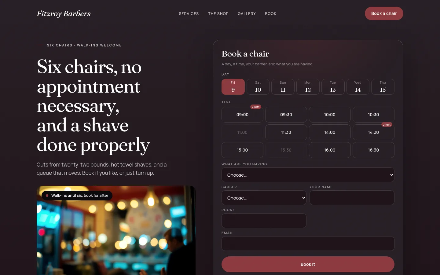 The Fitzroy Barbers website, as a visitor sees it