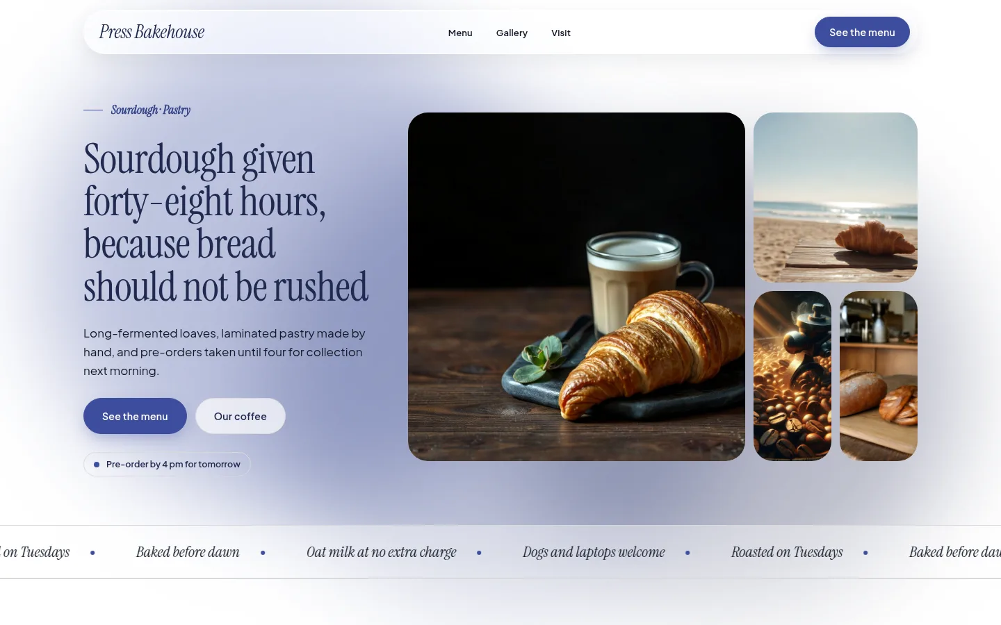 The Press Bakehouse website, as a visitor sees it