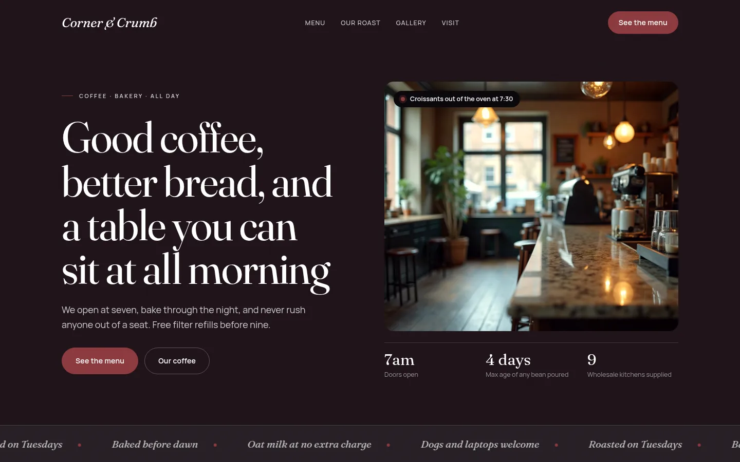 The Corner & Crumb website, as a visitor sees it