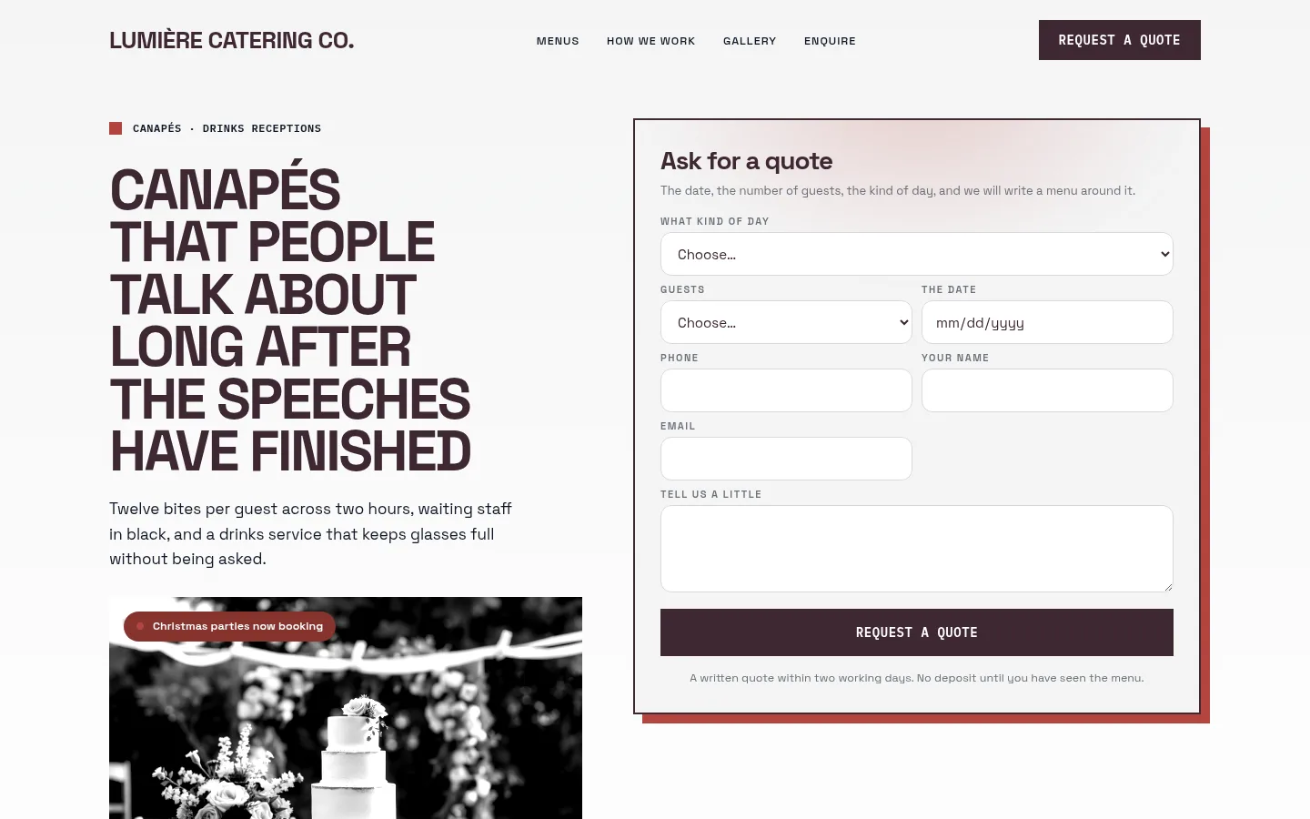 The Lumière Catering Co. website, as a visitor sees it