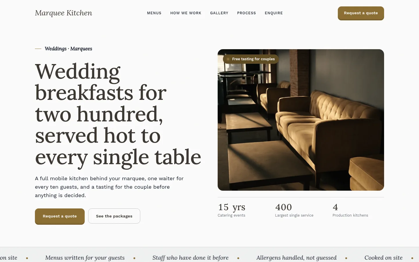 The Marquee Kitchen website, as a visitor sees it
