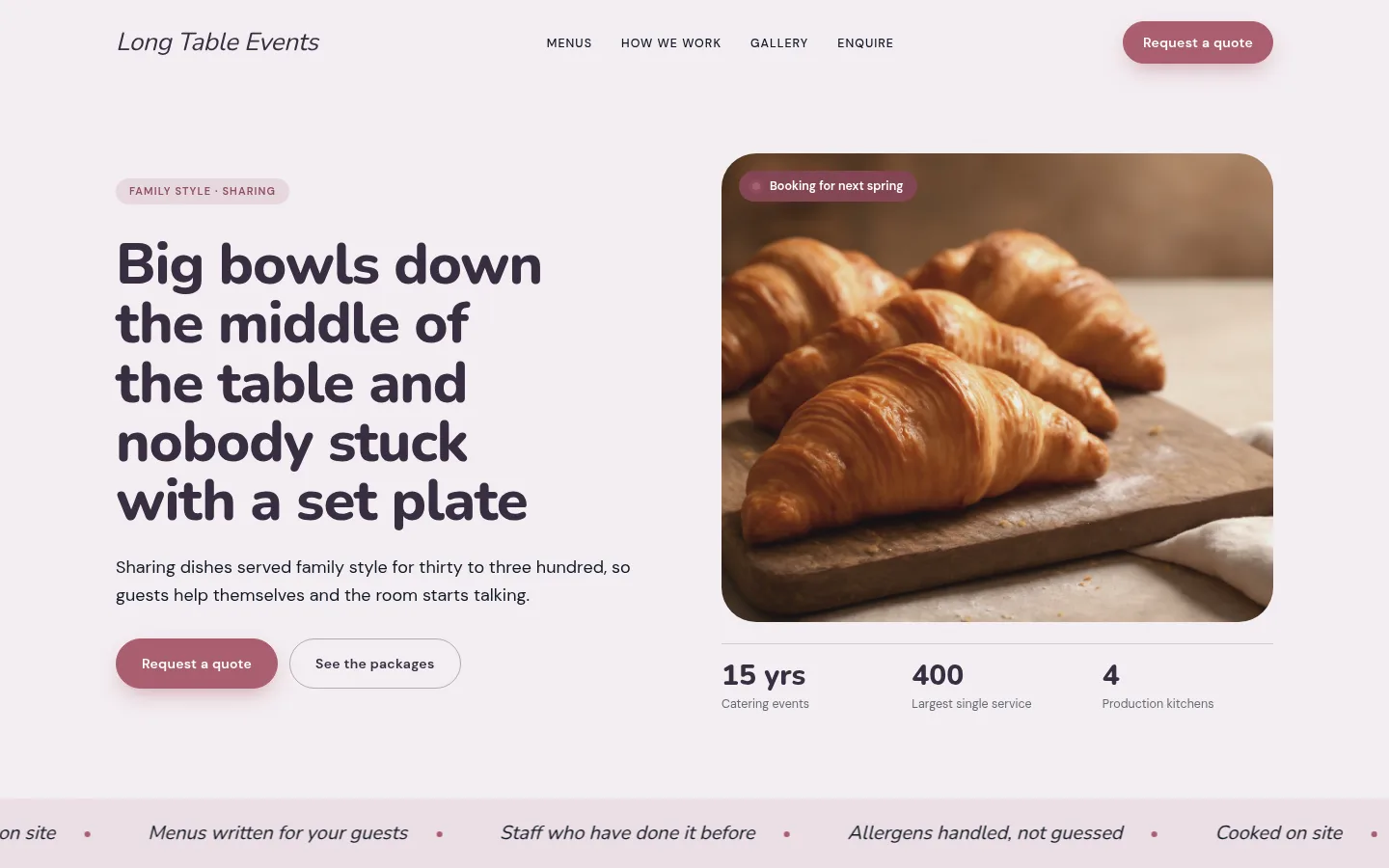 The Long Table Events website, as a visitor sees it