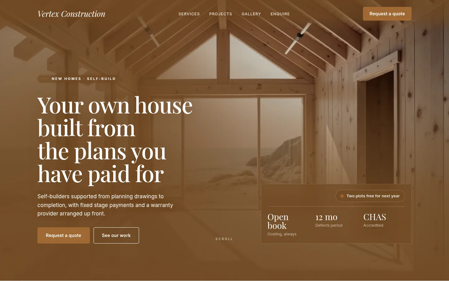 The Vertex Construction website, as a visitor sees it