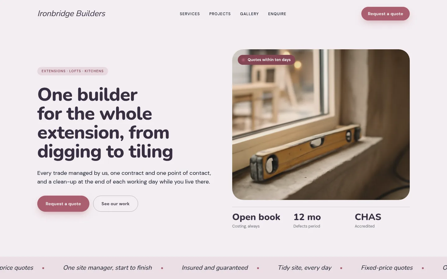 The Ironbridge Builders website, as a visitor sees it