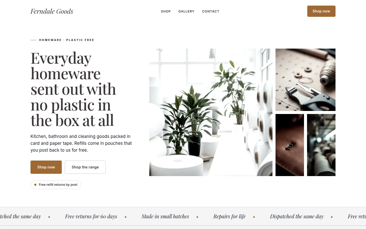 The Ferndale Goods website, as a visitor sees it