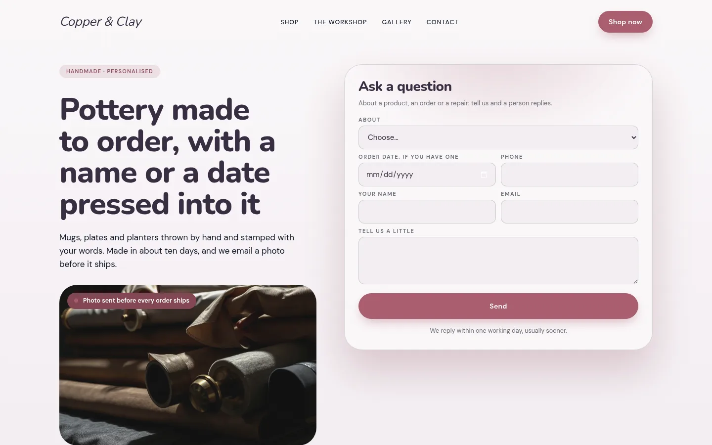 The Copper & Clay website, as a visitor sees it