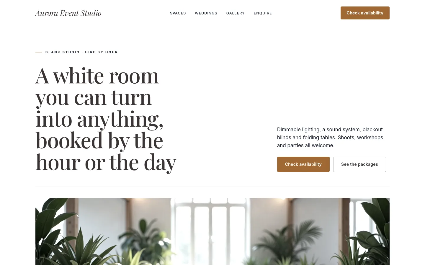 The Aurora Event Studio website, as a visitor sees it