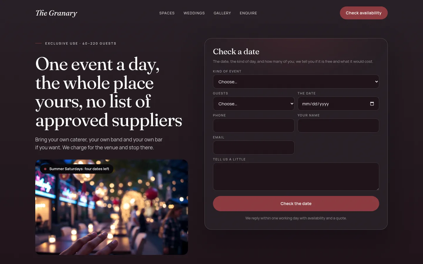 The The Granary website, as a visitor sees it