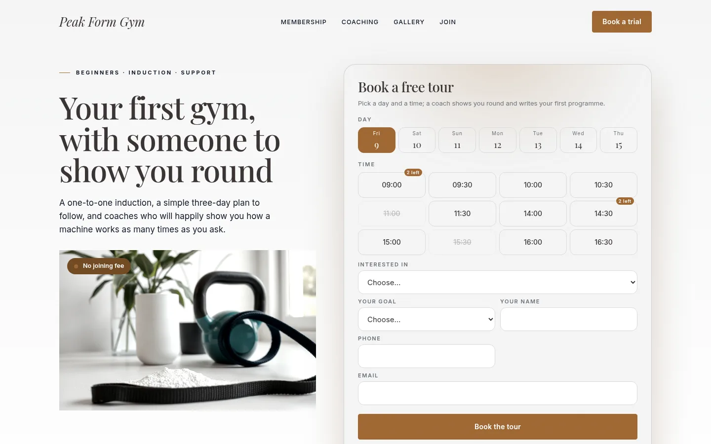 The Peak Form Gym website, as a visitor sees it