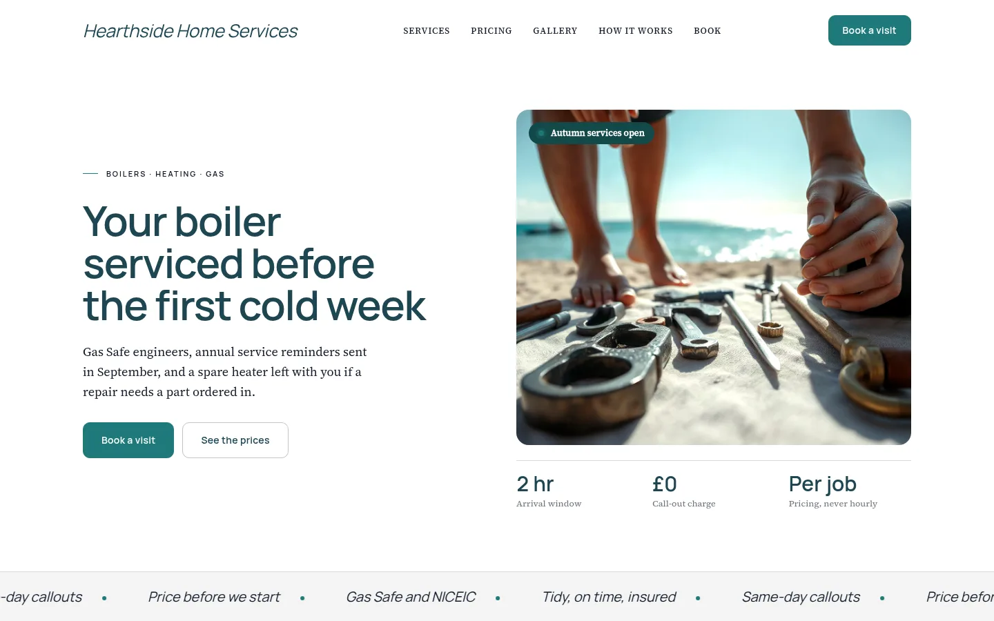 The Hearthside Home Services website, as a visitor sees it