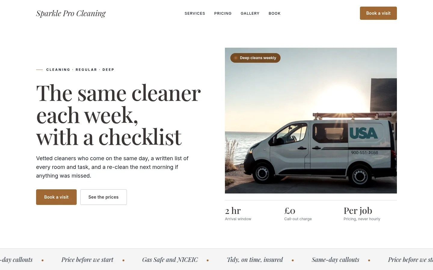 The Sparkle Pro Cleaning website, as a visitor sees it