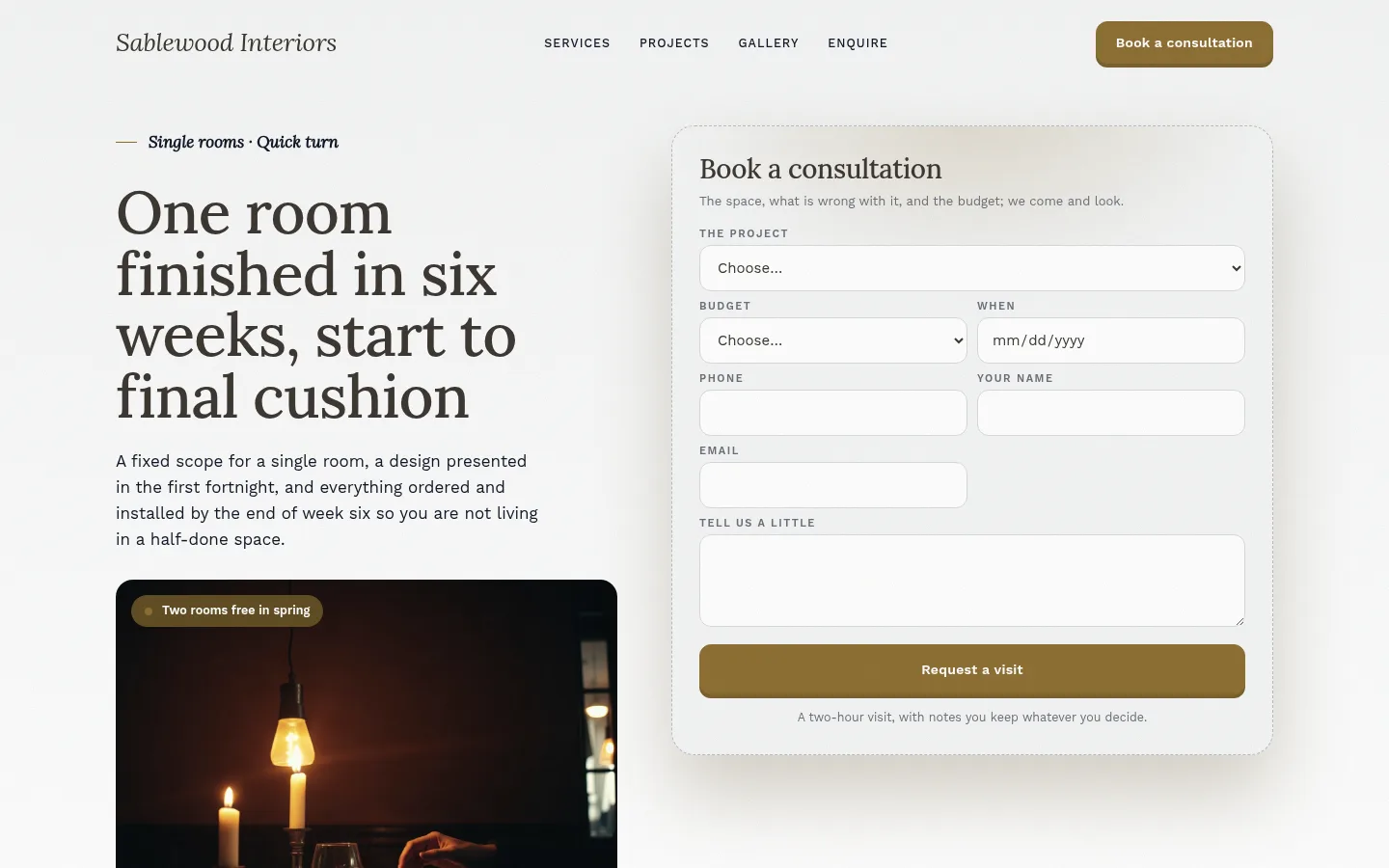 The Sablewood Interiors website, as a visitor sees it