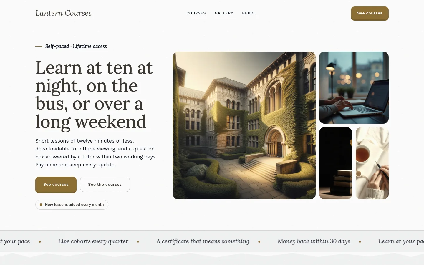 The Lantern Courses website, as a visitor sees it