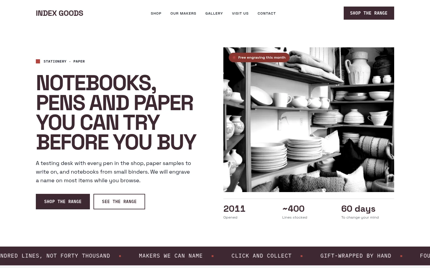 The Index Goods website, as a visitor sees it