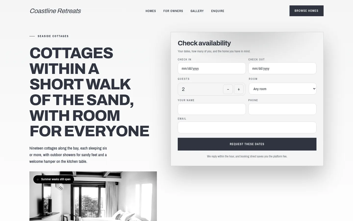 The Coastline Retreats website, as a visitor sees it