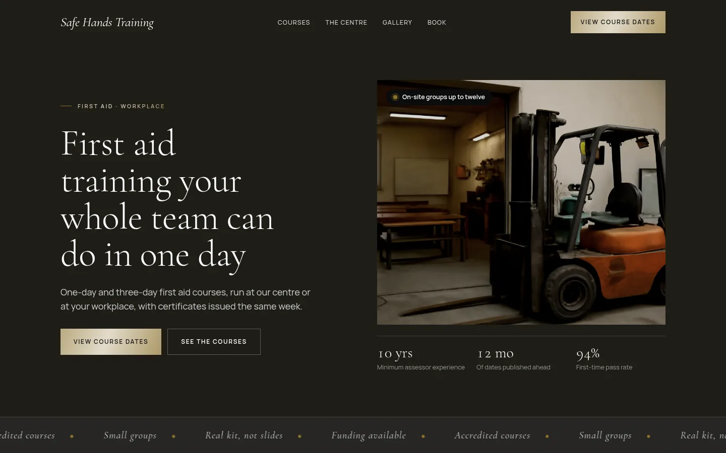 The Safe Hands Training website, as a visitor sees it
