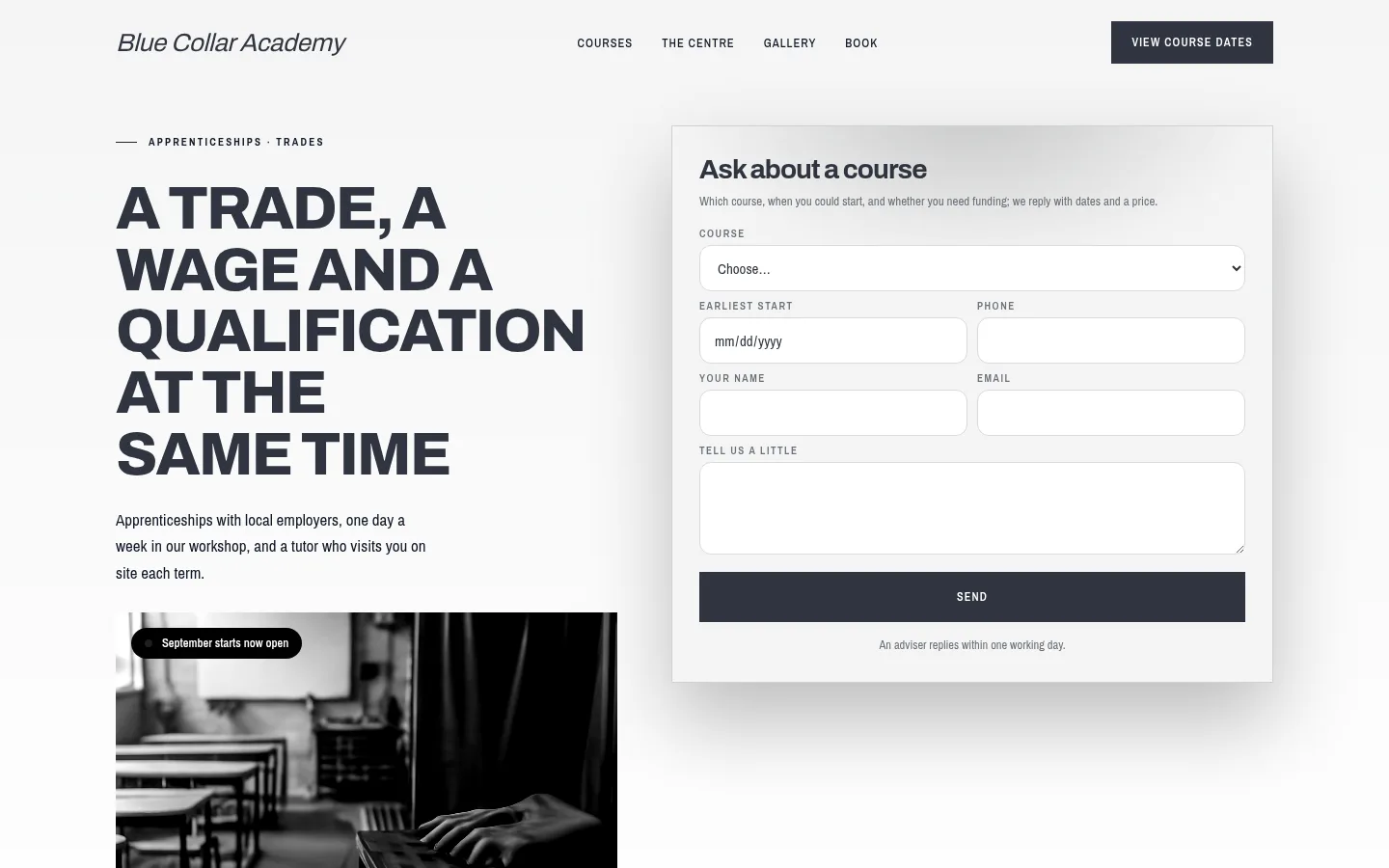 The Blue Collar Academy website, as a visitor sees it
