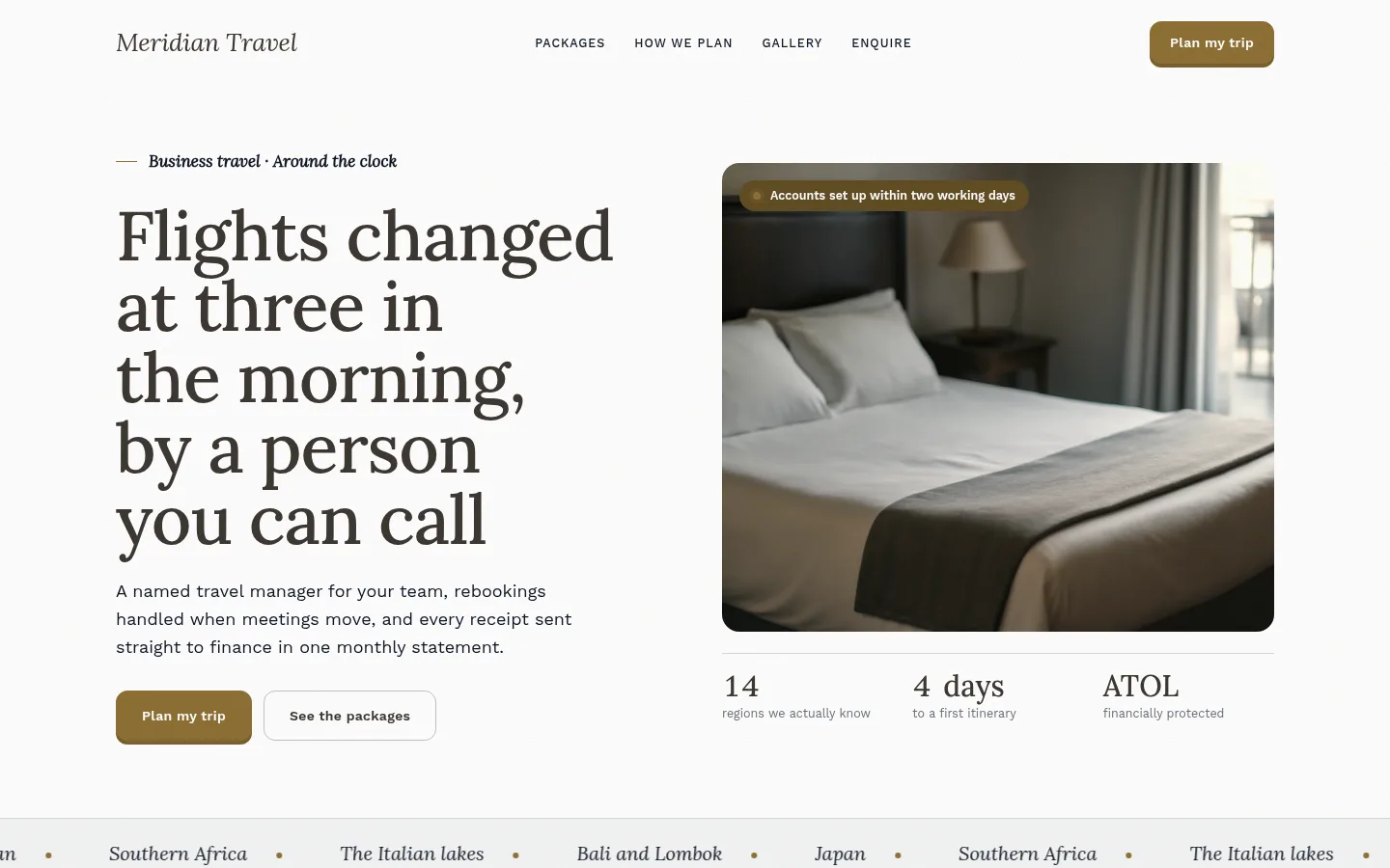 The Meridian Travel website, as a visitor sees it