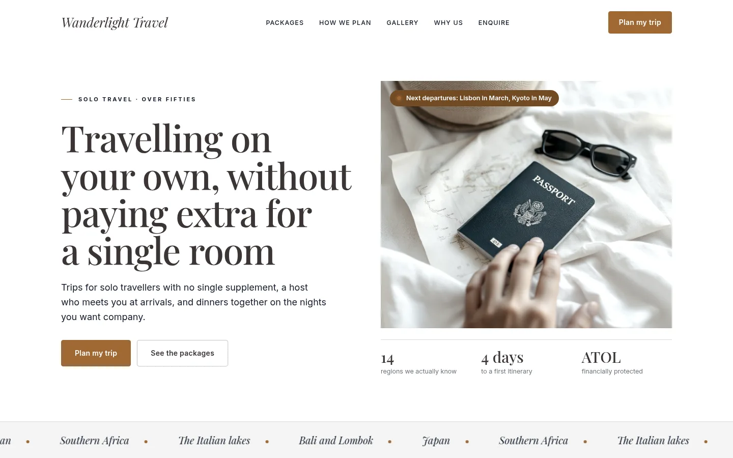The Wanderlight Travel website, as a visitor sees it