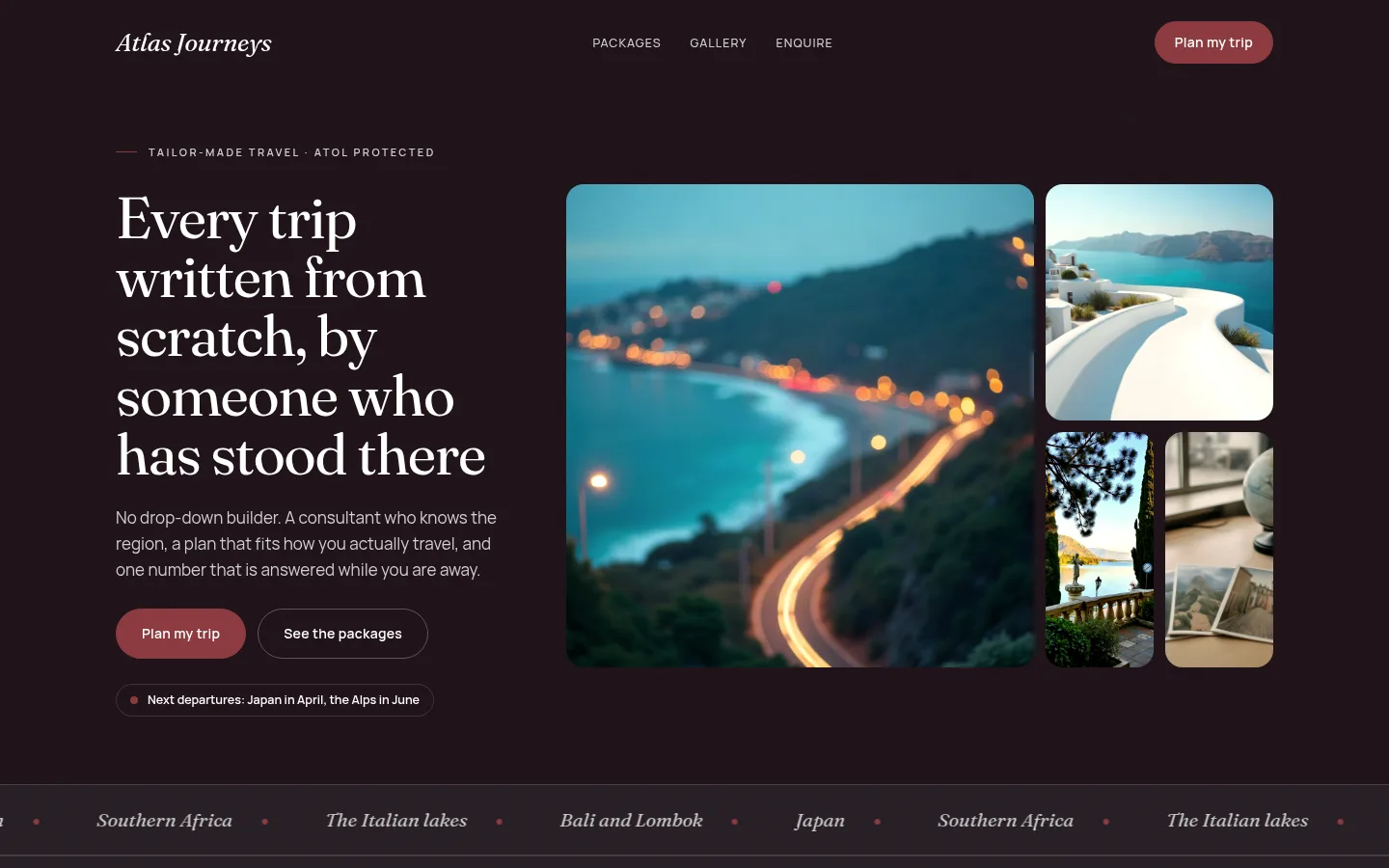 The Atlas Journeys website, as a visitor sees it